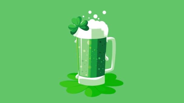 Happy saint patricks day animation with green beer and clover leaf — Stock Video