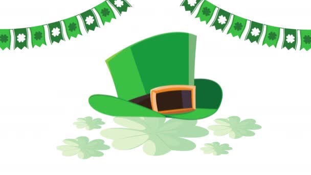 Happy saint patricks day animation with leprechaun tophat and clovers — Stok Video