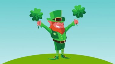 Mutlu Aziz Patricks Günü animasyonu Leprikon karakteri yonca kaldırıyor