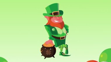 Mutlu Aziz Patricks Günü animasyonu Leprikon karakteri ve hazine kazanıyla
