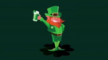 Mutlu Aziz Patricks Günü animasyonu. Leprechaun karakteri bira içiyor.