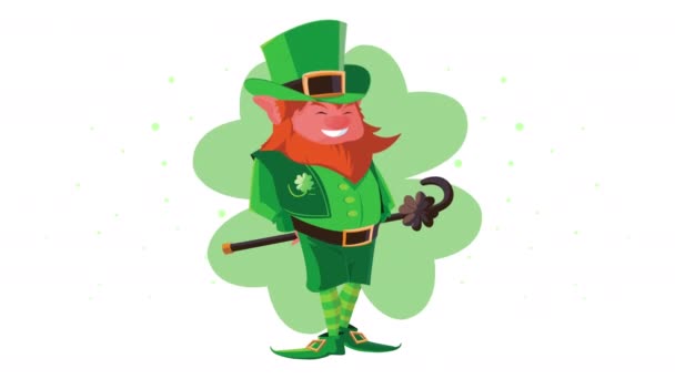 Happy saint patricks day animation with leprechaun character lifting cane in clover — Stock Video