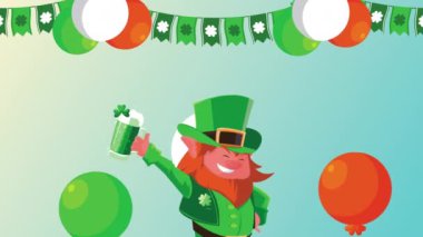Mutlu Aziz Patricks Günü animasyonu. Leprechaun bira ve balon helyumu içiyor.