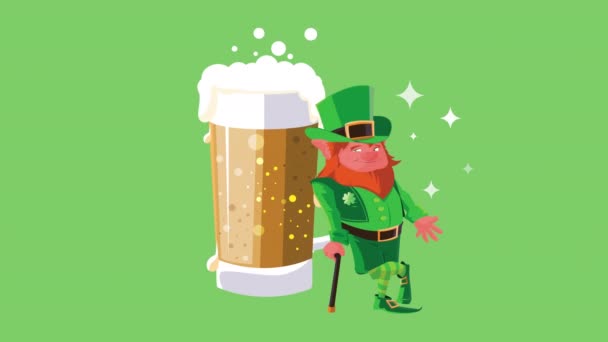Animación feliz día patricks santo con carácter duende y cerveza — Vídeos de Stock