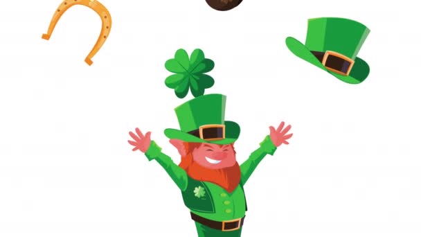 Happy saint patricks day animation with leprechaun character and set icons — Stock Video