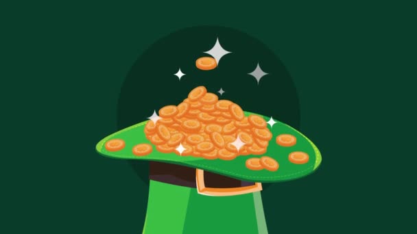 Szczęśliwy święty Patricks dzień animacji z monet w kapeluszu krasnoludka — Wideo stockowe