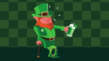 Mutlu Aziz Patricks Günü animasyonu. Leprechaun karakteri bira içiyor.
