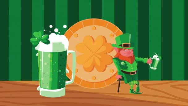 Šťastný svatý patricks den animace s leprikónem pití piva a zlaté mince — Stock video