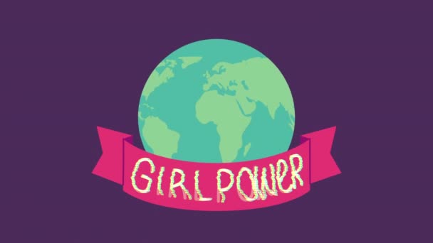 Felice animazione giorno delle donne con ragazza potere lettering nel pianeta terra — Video Stock