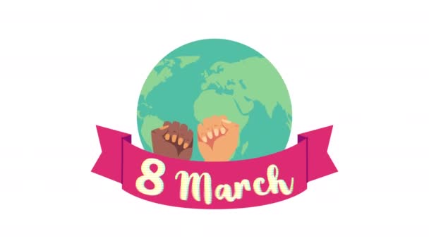 Happy womens day lettering animation with hands fist up in earth planet — Stock Video