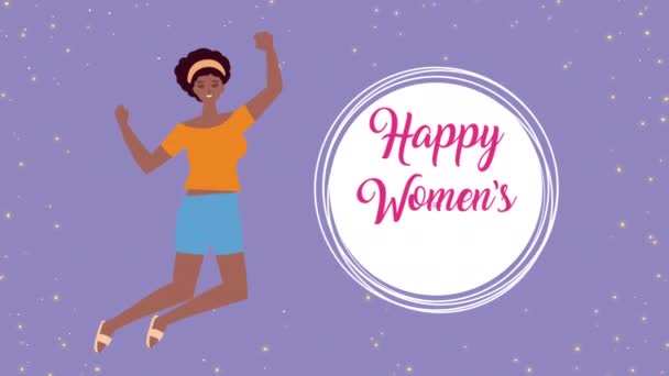 Feliz dia das mulheres lettering animação com afro menina saltando — Vídeo de Stock