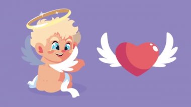 Sevgililer günü kartında aşk meleği ve kalp uçuyor.