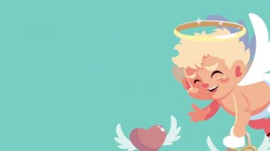 Sevgililer günü kartında aşk meleği ve aşk ikonları uçuşuyor.