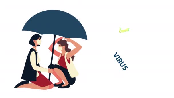 Ділові жінки в медичних масках з парасолькою та написом — стокове відео