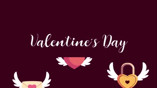 Szczęśliwy Walentynki napisy z zestaw ikony miłości latające — Wideo stockowe