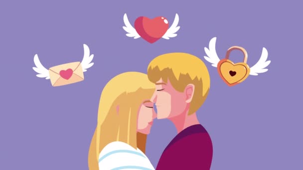 Szczęśliwy Walentynki karty z blond miłośników para i zestaw ikony latające — Wideo stockowe