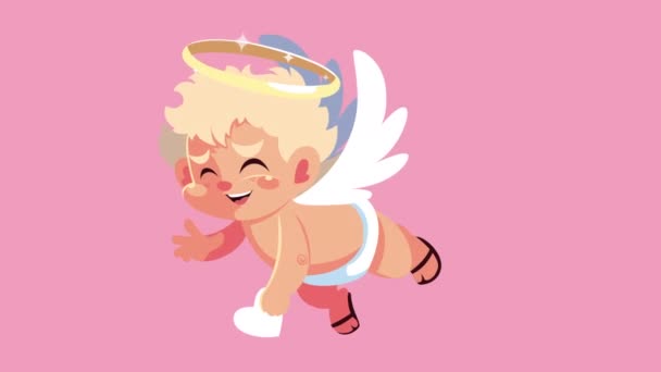 情人节快乐卡上有丘比特天使飞舞的性格 — 图库视频影像