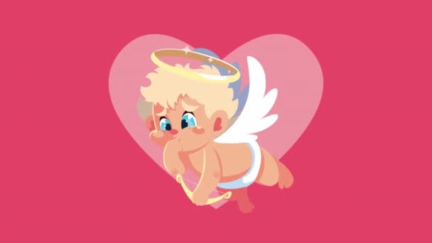 Tarjeta feliz día de San Valentín con ángel Cupido volando en el corazón — Vídeos de Stock