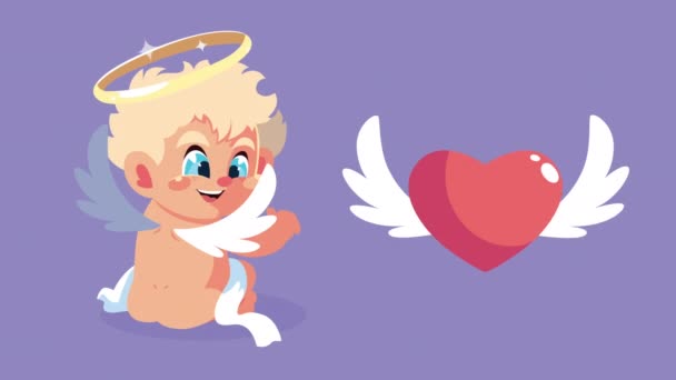 Tarjeta feliz día de San Valentín con ángel Cupido y el corazón volando — Vídeos de Stock