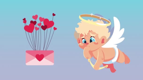 情人节快乐卡上有丘比特天使飞翔，爱的信封飘扬 — 图库视频影像