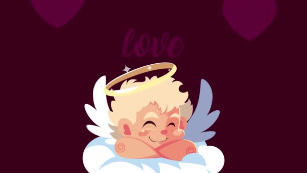 情人节快乐贺卡，带着丘比特天使的云彩和心形图案 — 图库视频影像