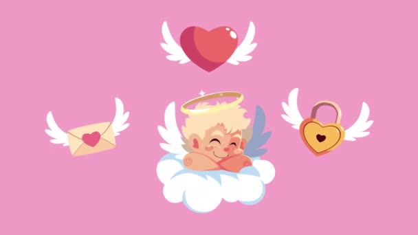 Gelukkig Valentijnsdag kaart met cupid engel in de wolken en liefde set pictogrammen vliegen — Stockvideo