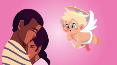 Sevgililer günü kartında aşk meleği ve afro-aşıklar var.