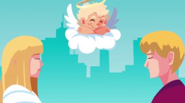 Sevgililer günün kutlu olsun. Uçan aşk meleği ve sarışın sevgililer günü kartı.