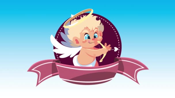 Gelukkig Valentijnsdag kaart met cupid engel vliegen met lint — Stockvideo