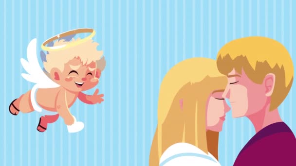 情人节快乐卡上有丘比特天使和金发碧眼的情人夫妇 — 图库视频影像