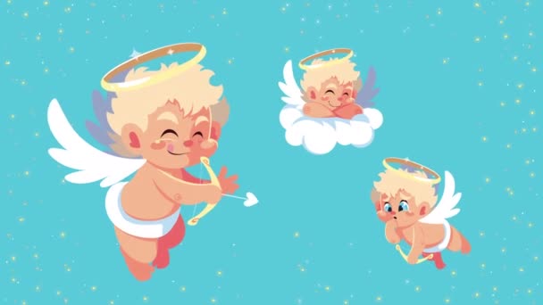 Glad Alla hjärtans dag kort med änglar flyger i himlen — Stockvideo