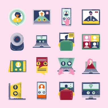 Video konferansı, seminer dijital teknoloji çalışma simgeleri