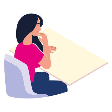 Masa başında çalışan genç bir kadın tasarımdan soyutlanmış.