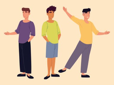 grup genç erkek karakteri gündelik giysiler içinde duruyor.