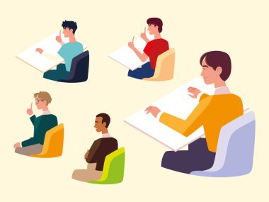 Masada oturan iş adamları, çalışan erkek karakterler.