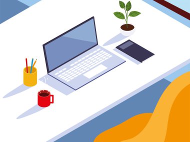 Ev ofisi çalışma masası bilgisayar sandalye kahve fincanı ve defter