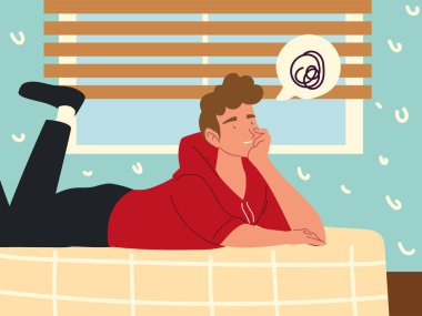 Yatak odasında dinlenen sıkıcı genç.