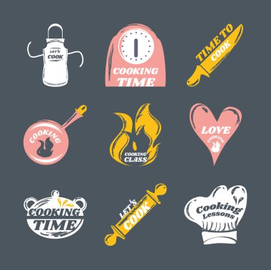 Pişirme önlüğü simgesi merdane şapka şefi ve tencere simgelerini ayarlayın