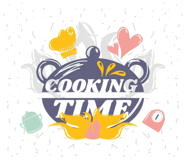 Pot chef hat cooking time sketch style — Stock Vector