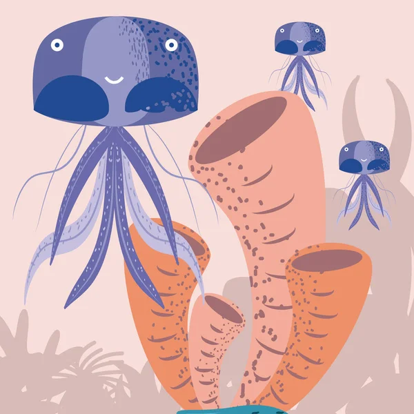 Подводный мир медузы кораллы водоросли мультфильм — стоковый вектор