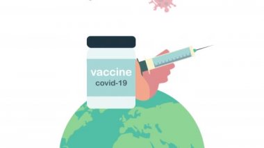 Covid19 aşı şişesi ve Dünya gezegeninde partiküllerle dolu bir şırınga.