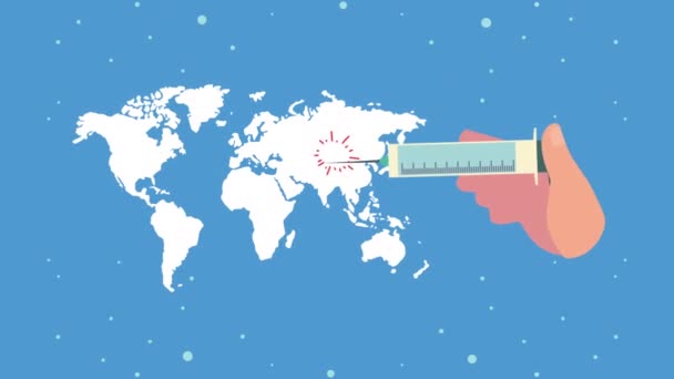Mano vacunando mapas del planeta tierra — Vídeos de Stock