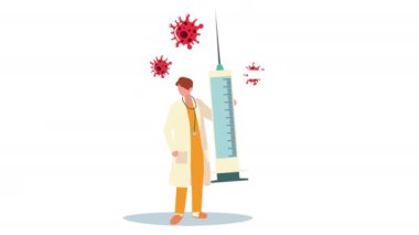 Aşı şırıngası ve parçacıkları olan kadın doktor.