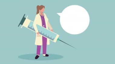 Kadın doktor aşı şırıngası ve konuşma baloncuğu ile