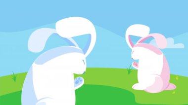 Kampta sevimli tavşanların olduğu mutlu paskalya kartları.