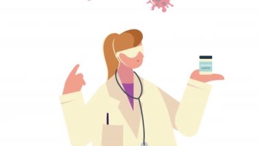 Aşı şişesiyle kadın doktor ve kovid19 parçacık.