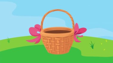 Sepet kampı sahnesinde yumurtalı mutlu paskalya kartları.