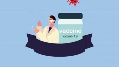 Aşı şişesi ve parçacıkları olan erkek doktor.