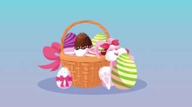 Mutlu paskalya kartları sepetine boyanmış dişi tavşanlar ve yumurtalar