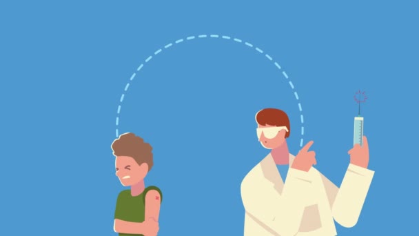 Männlicher Arzt mit Impfstoffinjektion und Patient und Partikel — Stockvideo